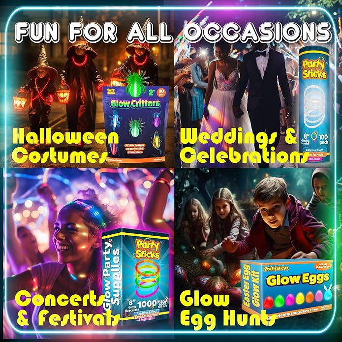 PartySticks Ultra Bright Bulk Party Supplies - Glow in The Dark Glow Sticks with Eye Glasses, Bracelets, and Connectors - Light Up Halloween 4th of July Party Favors