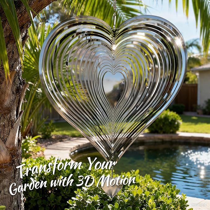 Wind Spinner 12-Inch Outdoor Decoration Gift for Mom | Hanging Yard Art, Garden Decoration for Outdoor and Indoor, Gift for Grandma and Women, 3D Heart, Stainless Steel, 1 Pack
