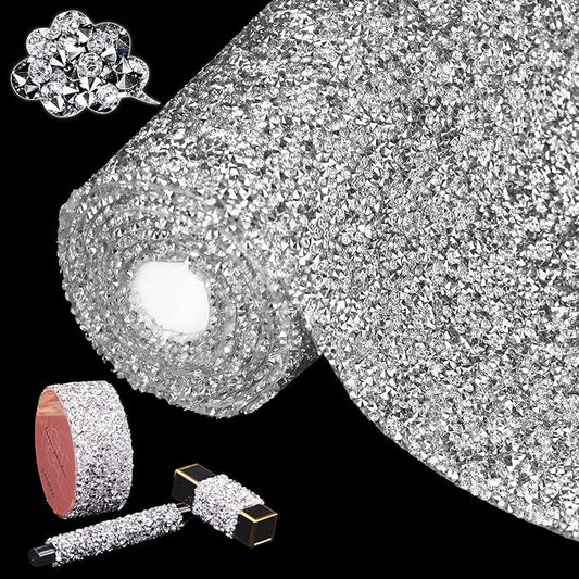 Locacrystal Bling Resin Rhinestone Sticker DIY Car Decoration Stickers Self-Adhesive Hotfix Glitter Crystal Gem Sheet Stickers for Car & Crafts Decoration(Silver/White,9.4"x63")