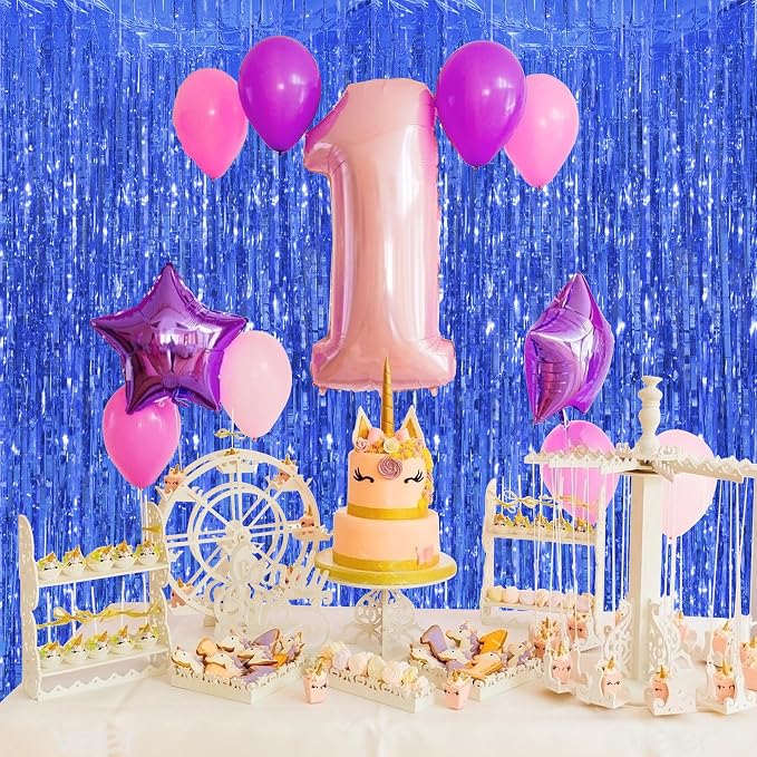 JOYIT 5 Pack Blue Tinsel Backdrop - 3.28 ft x 6.56 ft Fringe Backdrop, Glitter Foil Fringe Curtains for Party Decorations, Birthday, Bachelorette, Graduation, Wedding (Blue, 5 Pack)