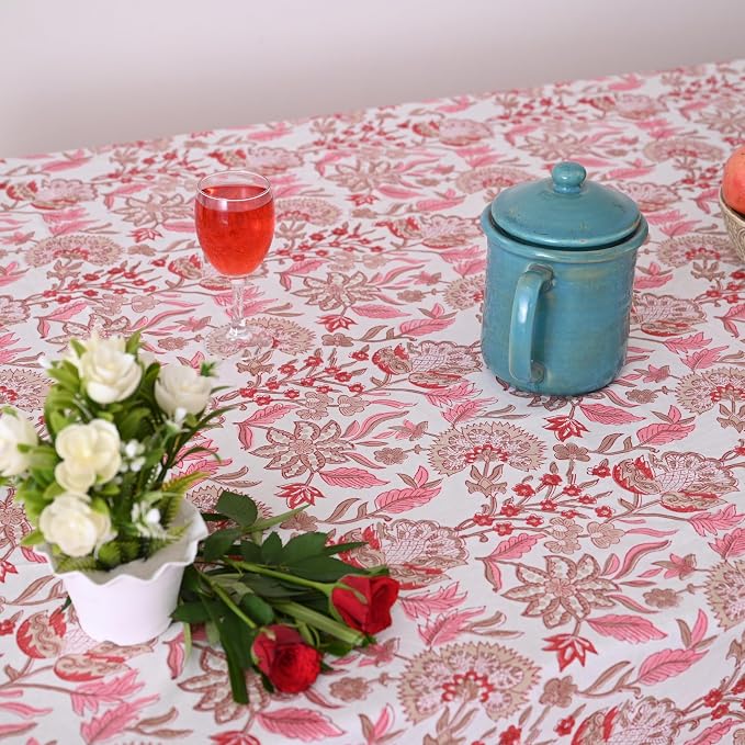 Hand Block Printed Tablecloth, Colorful Floral Print, Indian Artisan Handmade Art, Dining Room, Kitchen, Outdoor Décor, (Pink Meadow Bloom, 10 Seater 72 x 118 Inches Rectangle)