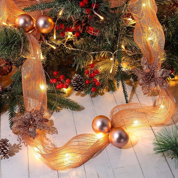 Hollowfly 16.4 ft Christmas Tree Ribbon Garland Mesh with Lights Decor Mesh Christmas Ball Garland Poinsettia Flower Hanging Ornament for Mantle Front Door Xmas Decoration(Rose Gold)