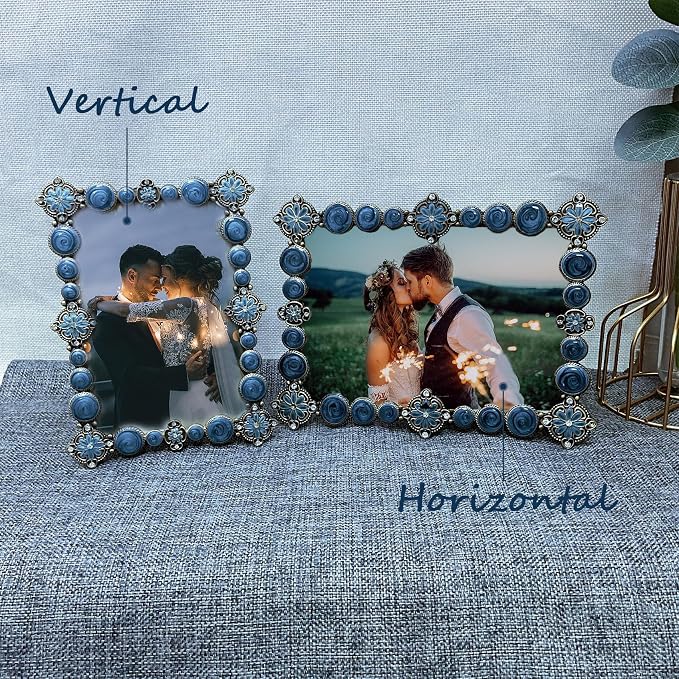 5x7 Vintage Picture Frame Decor Ornate Antique Blue Photo Frames with Glass Front, Art Decor Tabletop Display, Gifts Ideas for Women, Horizontally & Vertically