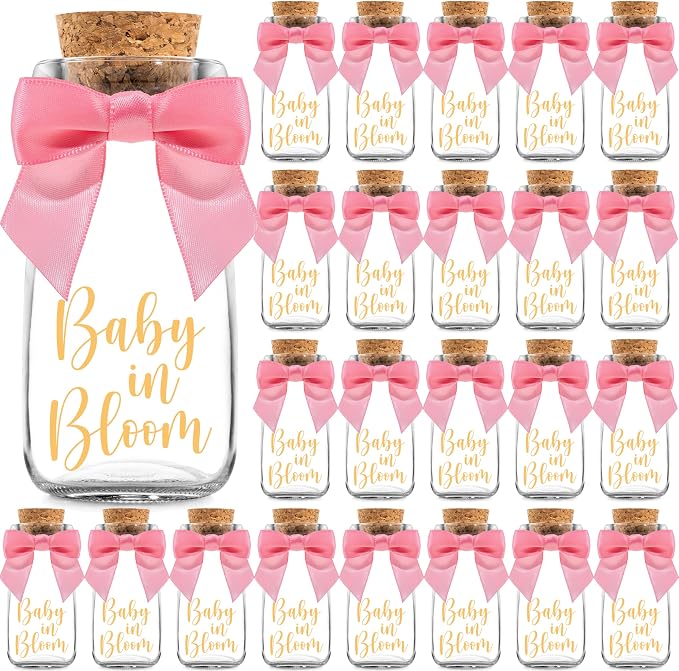 Ethisa Vintage 24 Pack Baby in Bloom Milk Glass Bottles with Ribbons and Stickers - Classy Baby Shower Favors for Guests and Table Centerpieces - Dusty Pink Floral Decorations and Candy Jar Keepsakes