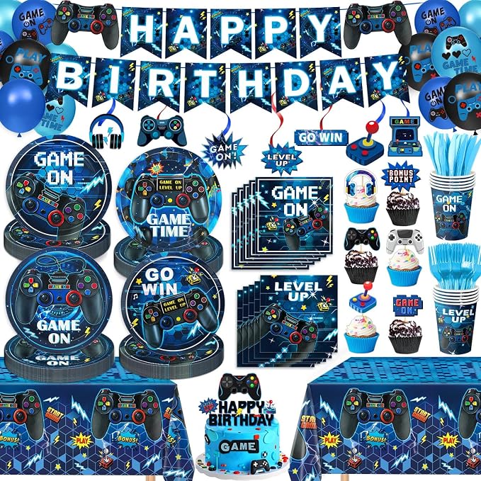 Video Game Birthday Decorations Includes Plates, Napkins, Cups, Cutlery, Cake & Cupcake Toppers, Banner, Hanging Swirls, Tablecloths, Balloons for Boys Gamer Birthday Party Decorations, Serves 24