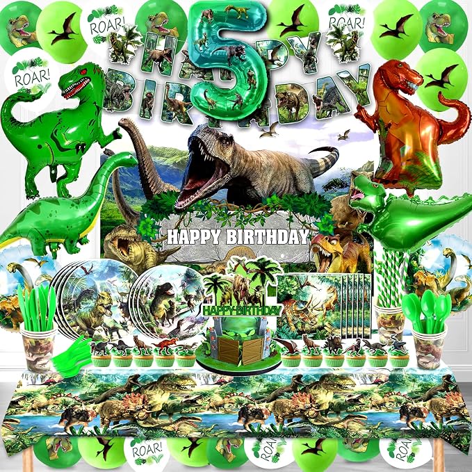 Dinosaur Birthday Decorations,Dino Theme Party Supplies&Decorations,Dinosaur 5th Birthday Party Supplies Include Banner, Backdrop, Tableware Set, Tablecloth, Cake Toppers, Balloons