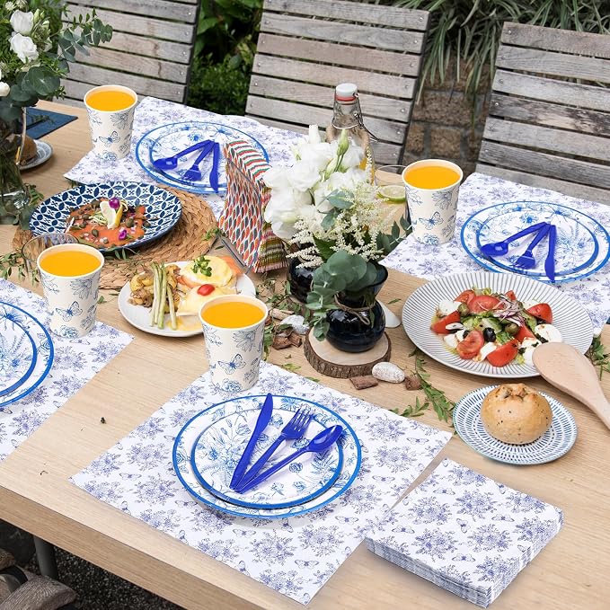 Funnymoom 400 Pcs Blue Floral Party Supplies for 50 Guests Blue Flower Disposable Plates Napkins Cups Spoons Forks Knives for Wedding Garden Tea Party Bridal Shower Baby Shower