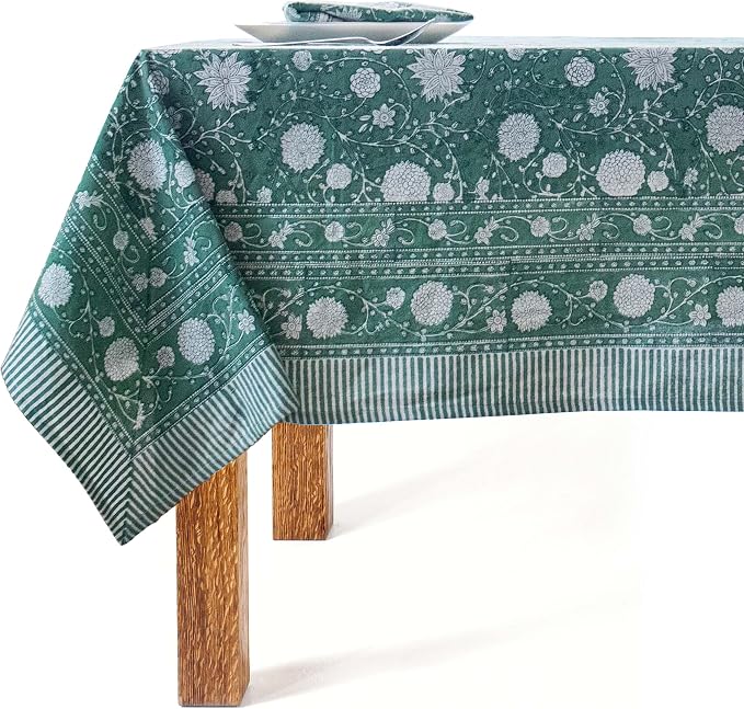 Block Print Table Cloth- 60x120 Inch Rectangle 100% Cotton Handmade Pre-Shrink, Washable for Spring, Kitchen & Dining Perfect for Patio, Indoor & Outdoor, Farmhouse