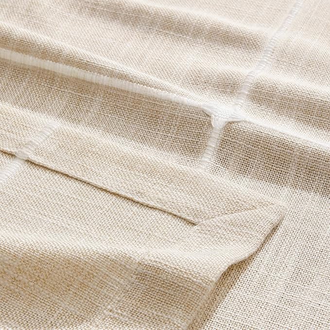 ZeeMart Grid Embroidered Hemmed Tablecloths, Light Tan 60x60 Inch, Farmhouse Style Heavy Weight Cotton Linen Light Beige Tablecloths, Boho Plaid Water Resistant Square Table Cloth