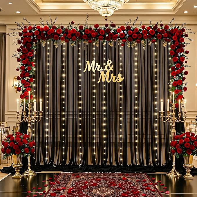 10×15ft Black Sheer Backdrop Curtains with Lights String for Parties Birthday Black Tulle Backdrop Curtain for Baby Shower Wedding Graduation Halloween Party Photo Shoot Decorations 2 Panels 5×15ft