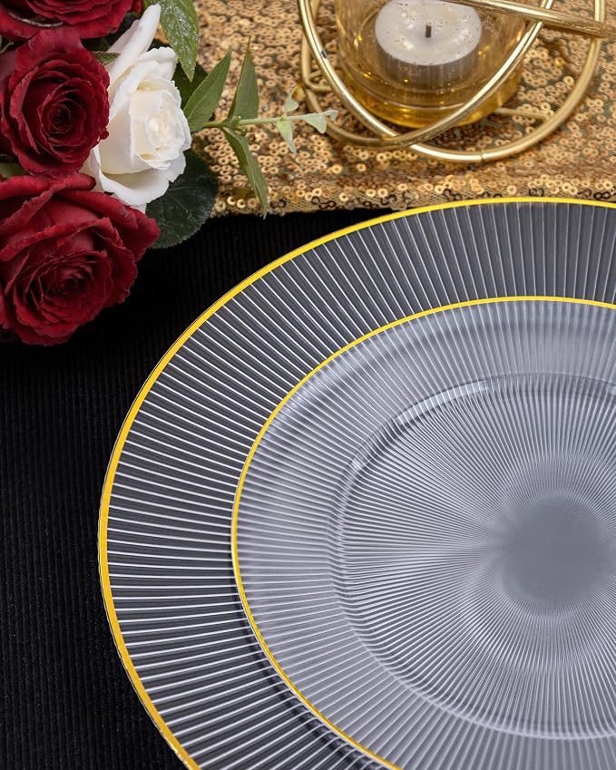 Hioasis 60pcs Clear and Gold Plastic Plates - Clear Disposable Dinnerware Set, 30pcs Dinner 10in & 30pcs Dessert 7in Plates with Striped Designs for Party & Wedding