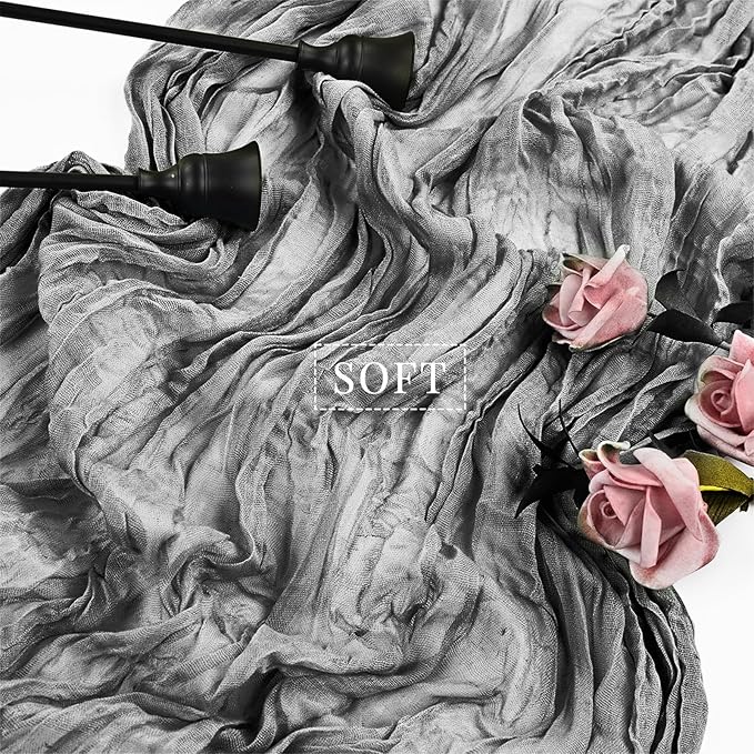 6 Pcs Gray 35 x 120 Inches Long Cheesecloth Table Runner 10FT Runner for Tables Gauze Fabric Boho Table Runner Decoration Rustic Semi Sheer Runner for Wedding Baby Shower Birthday Party (Gray)