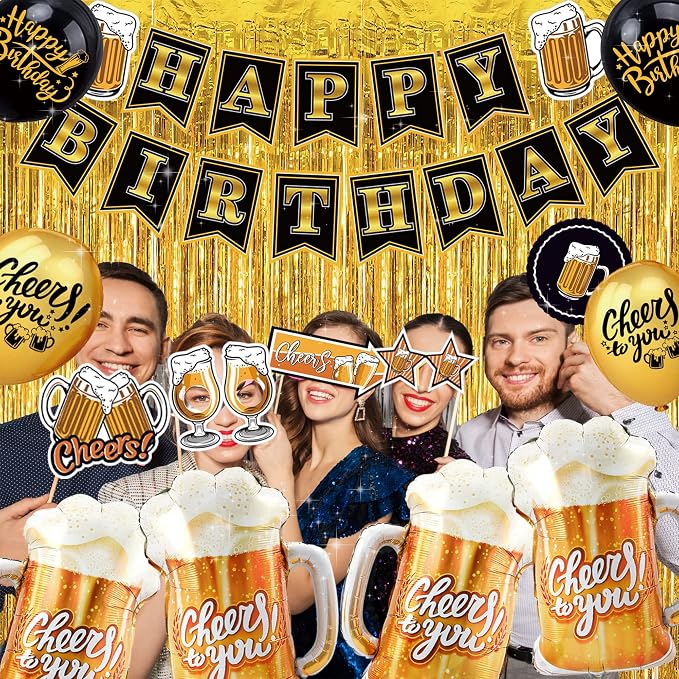 Black and Gold Party Decorations for Men and Women: Happy Birthday Banner, Fringe Curtains, "Cheers to You" Foil Balloons, Hanging Swirls, Photo Props, Birthday Sash