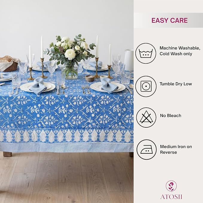 ATOSII Maya Blue 100% Cotton Rectangle Spring Summer Tablecloth, Handblock Floral Print Linen Table Cloth for Kitchen Dining I Parties, Weddings, Outdoors, Easter Decor 60 X 108 Inches, 8 Seater