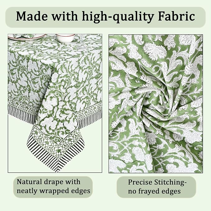 Ridhi Sage Green Hand Block Print Cotton Rectangle Tablecloth 140" x 72" inches Reusable Table Cover Decorative Everyday Use for Dining Room, Farmhouse, Home Gift for Spring, Mother's Day
