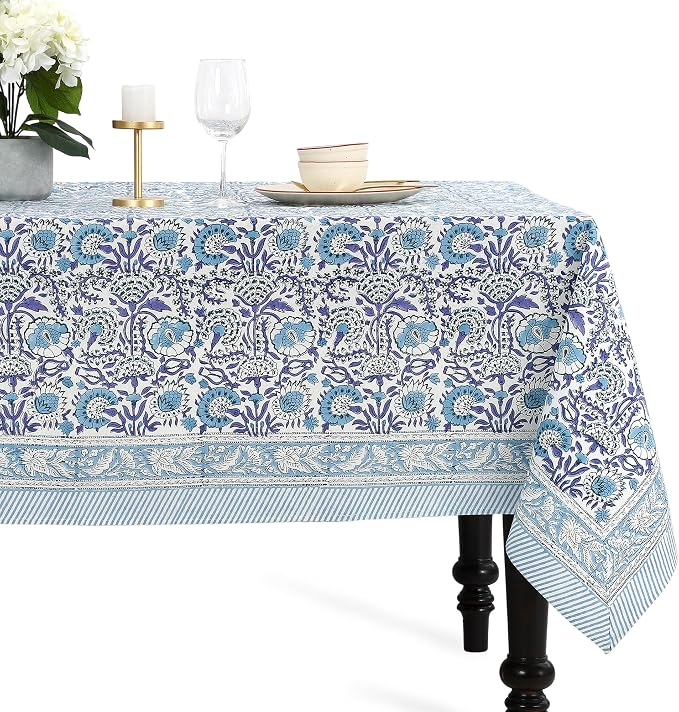 CPC Cotton Tablecloth 80x120 Inch Rectangle Indian Block Print Tablecloth- Blue Washable Wedding Table Cover for Thanksgiving/Christmas- Indigo Blue