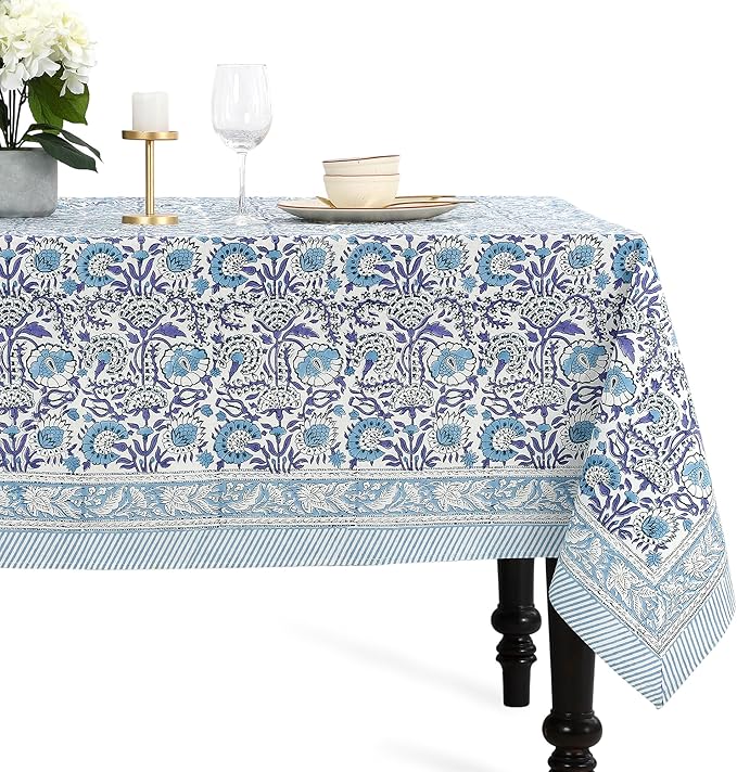 CPC Tablecloth 100% Cotton 60x90 Inch Indian Block Print Rectangle Table Cover, Washable Table Cloth for Weddings, Spring/Summer, Barbeque - Indigo Blue