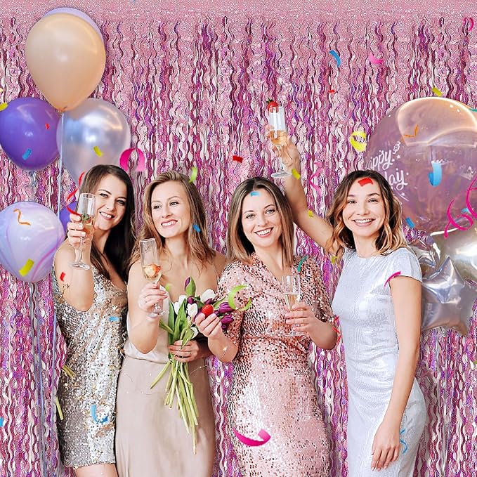 Pink Tinsel Foil Fringe Curtains Wavy Backdrop for Parties Sparkle Metallic Wavy Foil Fringe Backdrop Curtain for Party Decorations Photo Booth Props for Birthday Graduation Wedding
