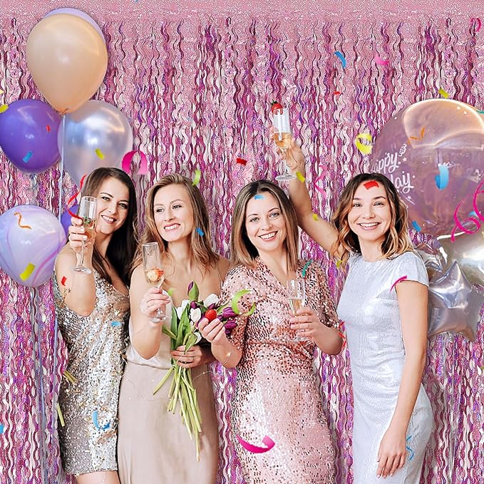 Pink Backdrop Party Decorations Pink Streamers Tinsel Foil Fringe Curtains Wavy Sparkle Metallic Pink Curtain Photo Booth Props for Birthday Wedding Valentines Day Bachelorette Decorations