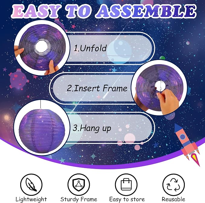 12 PCS Galaxy Paper Lanterns Space Themed Party Decorations, 6 x 12 Inch & 6 x 8 Inch Hanging Round Paper Lanterns for Galaxy Birthday Party Ceiling Room Classroom Decor