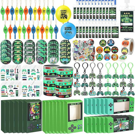 243 Pcs Video Game Party Favors for Kids Gamer Goodie Bag Stuffers Gaming Birthday Party Supplies with Gift Boxes, VIP Pass, Balloons, Bracelets, Keychains, Badges, 3D Stickers (Green)