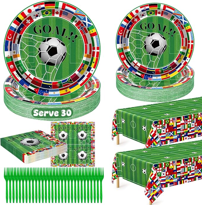 QZYL 122 Pcs 2026 World Soccer Party Decorations, Soccer Party Supplies Serve 30, Disposable Plates Napkins Tablecloth Forks, International World Flags Tableware Set for Sports Game Birthday Event