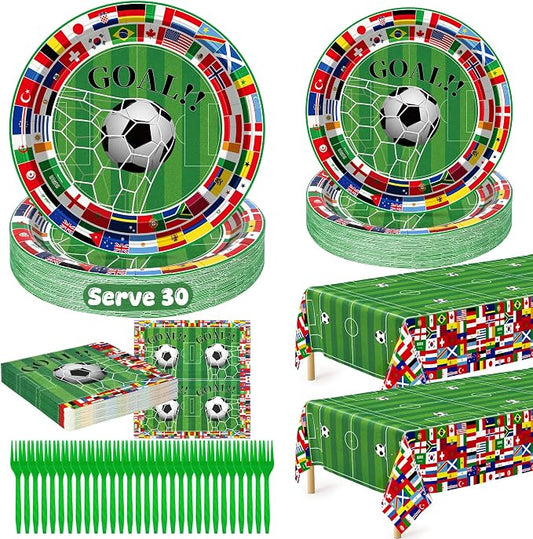 QZYL 122 Pcs 2026 World Soccer Party Decorations, Soccer Party Supplies Serve 30, Disposable Plates Napkins Tablecloth Forks, International World Flags Tableware Set for Sports Game Birthday Event