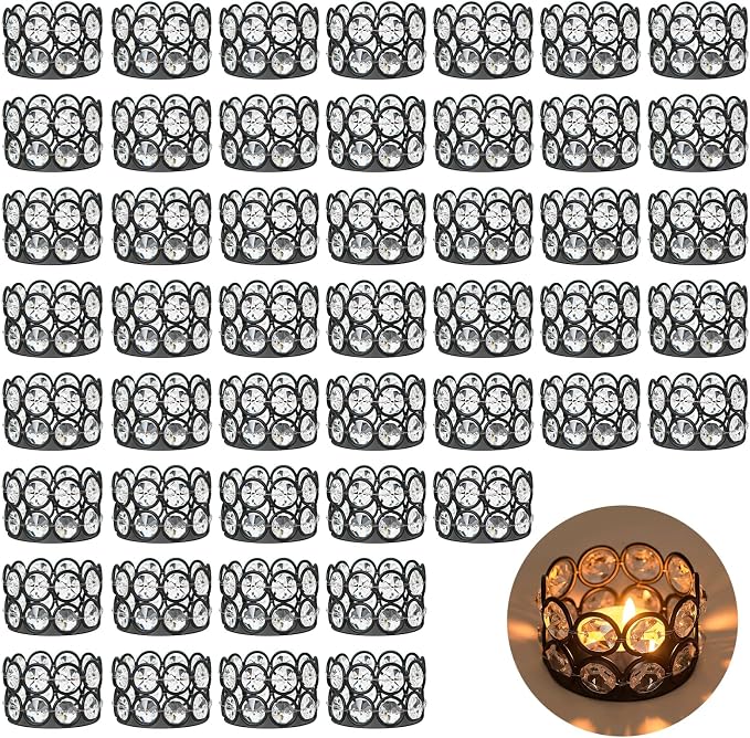 2.4x2.4x1.6 Inch Crystal Tea Light Candle Holders for Wedding Home Table Centerpiece Decoration (48, Black)