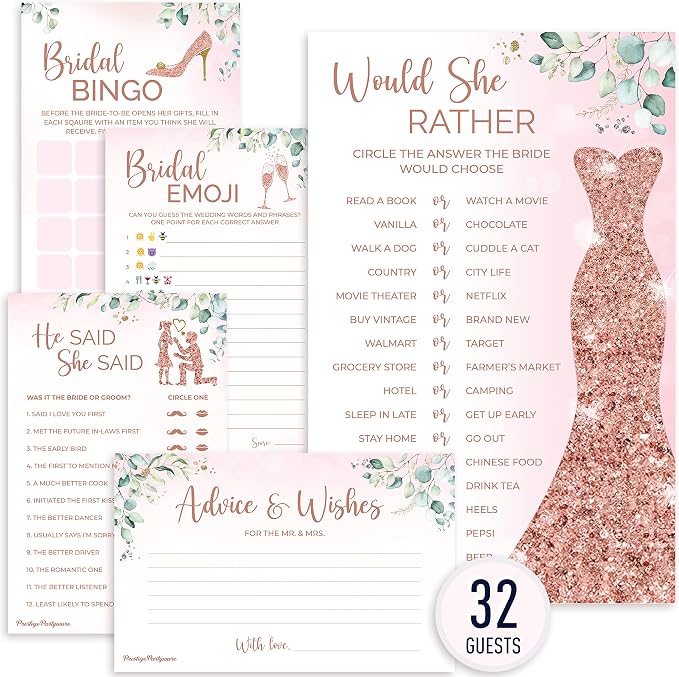 Prestige Bridal Shower Games (32 Guests) | 5 Wedding Games, Rose Gold Decorations Greenery Theme, Would She Rather, He Said Bingo, Rustic Advice Cards, Emoji Favors Prizes Decor (32 Set)