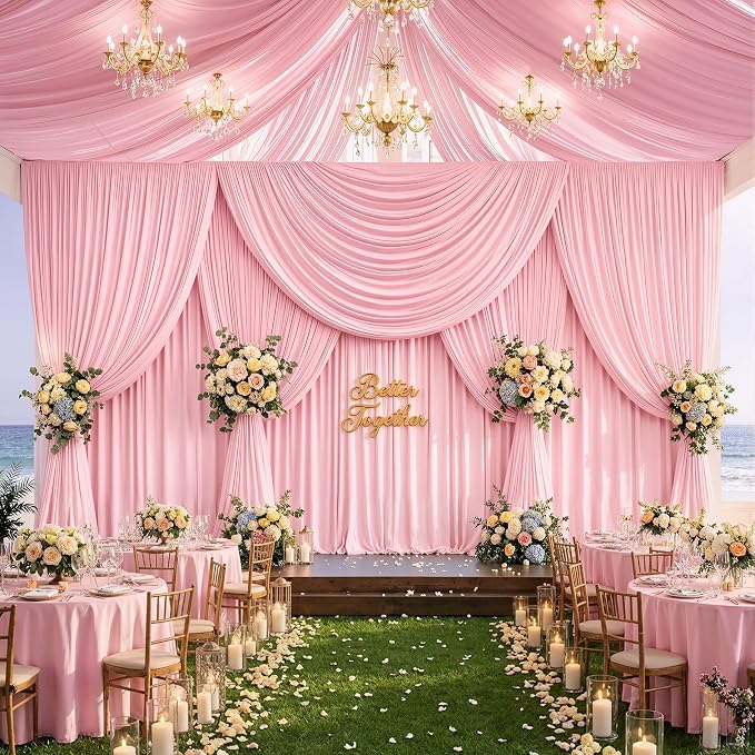 30ftx12ft Wrinkle Free Pink Backdrop Curtain, 6 Panels 12FT Long Wedding Photo Backdrop Drapes, Silky Polyester Back Drop Cloth for Birthday Photography Background Party Backdrop Draping