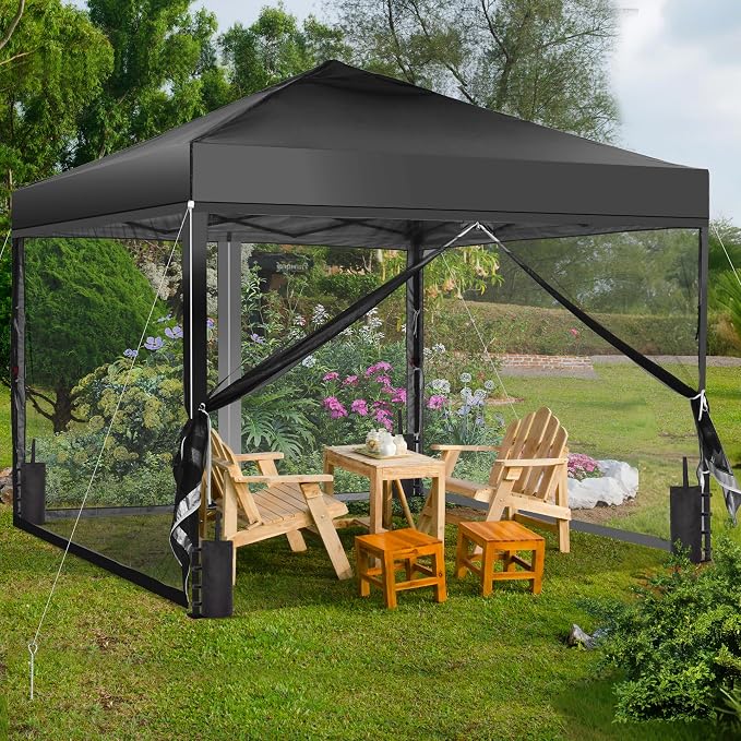 GDY 10x10 Pop up Canopy Tent with Mosquito Netting, Easy up Gazebo for Patio, Camping and Garden, Includes 4 Sandbags, Black