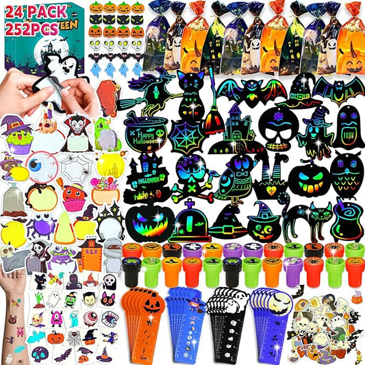 252Pcs Halloween Party Favors for Kids Bulk Stationery Set, 24 Pack Halloween Goodie Bags Stuffers Treat Bag Fillers, Classroom Prizes Non Candy Trick or Treat Toys for School Student Gifts Bags