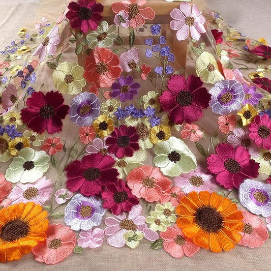 Labellezalady 47" 3D Mixed Colors Embroidered Flowers Beige net lace Fabric by Yard 36 * 47" for Home Decoration
