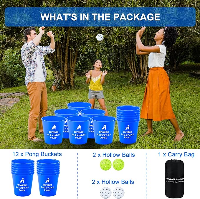 Aivalas Yard Pong Outdoor Games Glow Set in Dark, Giant Yard Pong Game for Adults and Family with 12 Buckets, 4 Balls and a Carrying Bag, Giant Pong for Beach, Camping, Lawn and Backyard