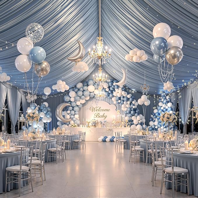 4 Panels 5x40ft Dusty Blue Ceiling Drapes for Wedding Parties, Wrinkle Free Thick Polyester 40ft Extra Long Wedding Draping Ceiling Curtains Arch Drapery for Birthday Party Canopy Tent Decor