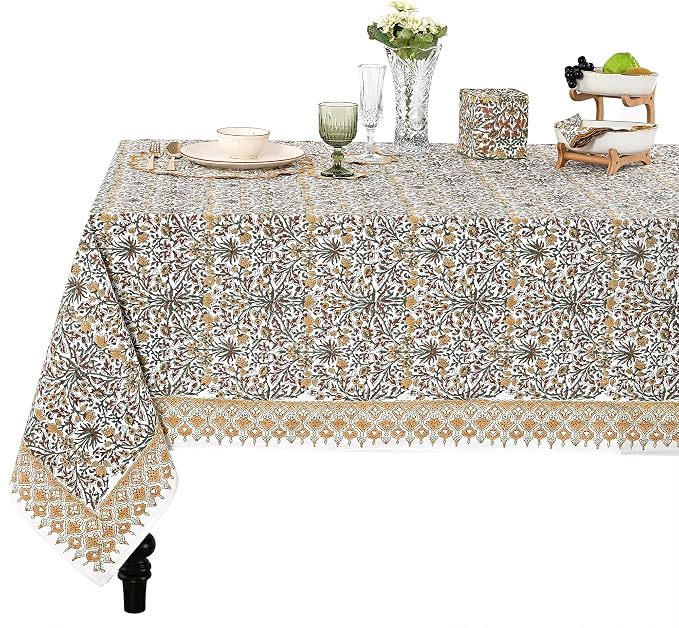 Ridhi Goldenrod Yellow Hand Block Print Cotton Rectangle Tablecloth 102" x 48" inches Reusable Table Cover Decorative Everyday Use for Dining Room, Farmhouse, Home Gift for Spring, Mother's Day
