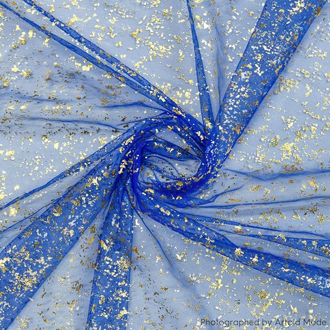 Artoid Mode 3PCS Blue Gold Gauze Table Runner 120 Inch 10FT, Glitter Metallic Foil Sheer Dining Wedding Anniversary Holiday Table Decor for Home Party