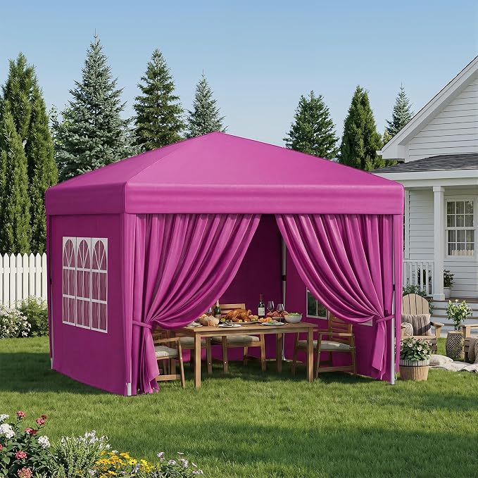 10x10 Pop Up Canopy with Sidewalls, Instant Tent with Carry Bag, Height Adjustable Waterproof Shade Canopy, for Event, Parties, Camping (Pink, 10x10 with Sidewalls)