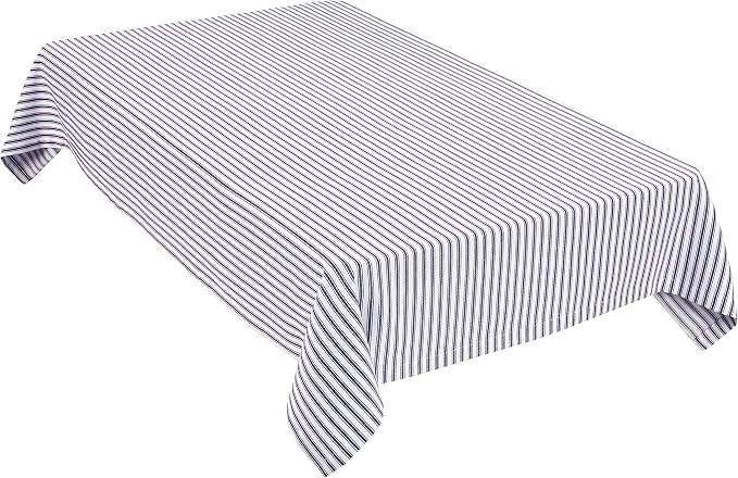 Navy Blue and White Ticking Stripe Woven Cotton Fabric Tablecloth, 60 x 120 Rectangular