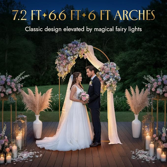 Gold Metal Arch Backdrop Stand for Wedding & Birthday Party Decorations, Foldable Balloon Arch Frame with Easy Assembly, Photo Booth Backdrop Décor with Fairy Lights Options