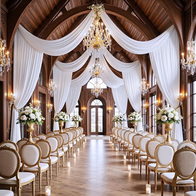 50ft x 15ft White Backdrop Curtains for Wedding Parties, 10 Panels Extra Long Wrinkle Free Fabric Drapes Photo Backdrop for Baby Shower Birthday Stage Reception Lobby Decoration