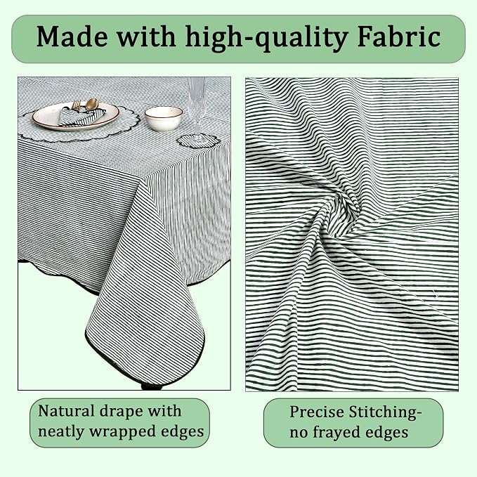 Ridhi Forest Green Stripe Block Print 72x190 Rectangle Tablecloth Table Cover for Dining Tables, Handcrafted Farmhouse Kitchen Decor, Washable, Decorative Tablecloths for Spring, Easter, Valentine