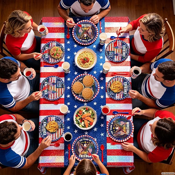 Iridescent USA 250 Years Anniversary Party Tableware Decorations Kit, Holographic Laser Plates(9”+7”), Sparkling Patriotic Tablecloth 9ft, Cups Napkins for 4th of July, Kids Birthday, Patriotic Party