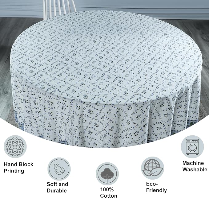 Ridhi Round Tablecloth Hand Block Print 100% Cotton Reusable Powder Blue 60 Inch Table Cover Decorative Everyday Use for Dining, Home, Party, Wedding, Farmhouse, Party Gift for Spring, Mother's Day