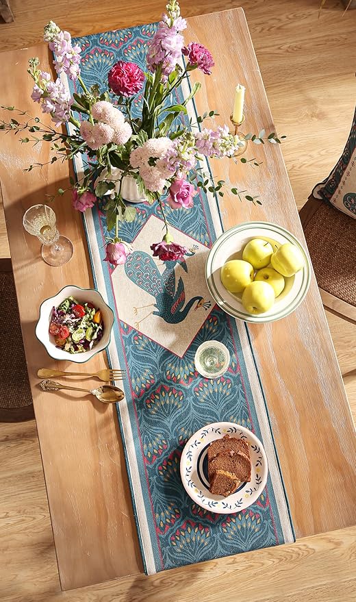 bilin gaier Vintage Blue Peacock Small Table Runner for Table,Decorative Linen 63 Inches Long Table Runners,Decor Tabletop for Kitchen,Dining,Tea Party,Home,Christmas,12"x63"