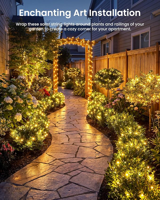 Minetom 2 Pack Solar Fairy Lights, Total 66 FT 200 LED Solar String Lights Outdoor Waterproof with 8 Modes, Christmas Lights for Outside Patio Fence Party Garden Yard Holiday Tree Decor (Warm White)