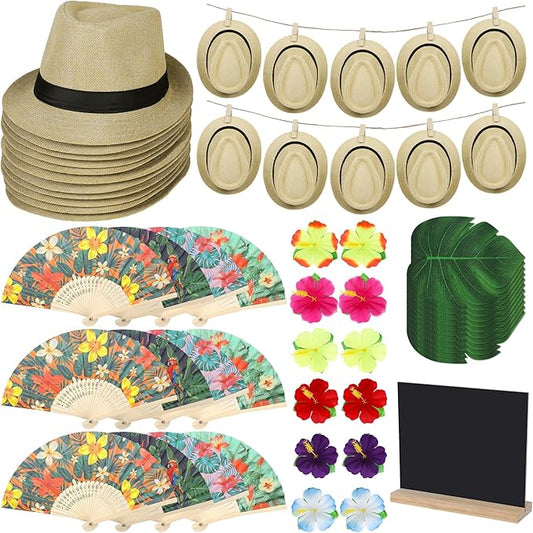 Aneco 12 Set 62 Pcs Cuban Theme Party Supplies Fun Tropical Havana Nights Decors with Folding Fans Straw Short Brim Sun Panama Hats Blackboard Stand Clips for Wedding Birthday Tropical Party Decor
