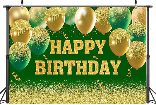 Happy Birthday Decorations Backdrop 10 x 8 ft Green Golden Happy Birthday Banner Large Birthday Party Background for Men Women Kids Photo Shoot Supplies (Green, 10 * 8 ft)