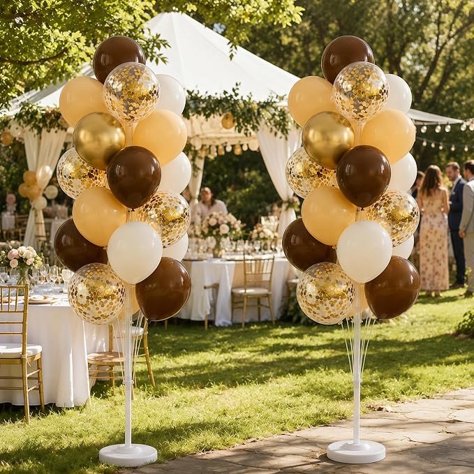 Hiins Balloon Column Kit Set of 2 With Balloons Included - with Base,Pole,Balloon Tower Backdrop Decoration for Wedding, Baby Shower,Birthday Party,Bachelorette Parties (3xCoffee Brown Gold)