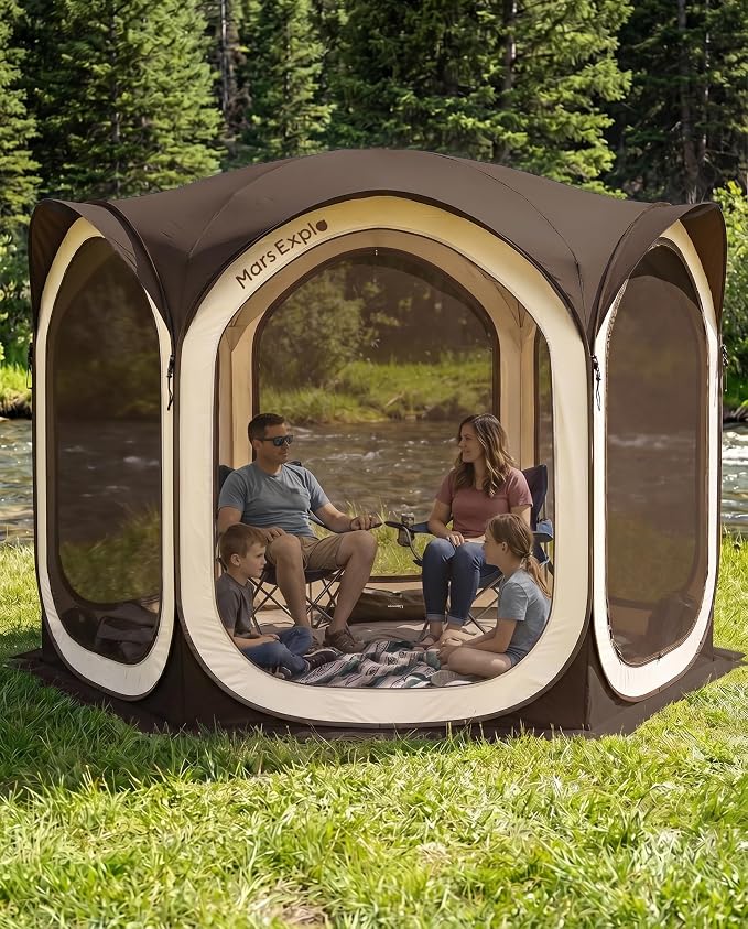 Screen Pop Up House Room Tent, Canopy Sun Shade Shelter for Patio, Backyard, Deck & Outdoor Activities, Portable Gazebo, Not Waterproof, 10'x10', Brown